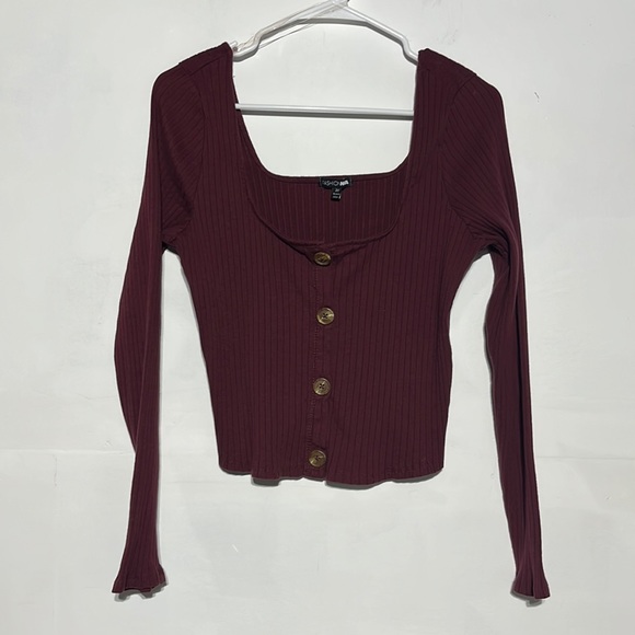 Fashion Nova Only Thing We Know Wine Knit Long Sleeve Button Down Crop Top 2X - Picture 3 of 10